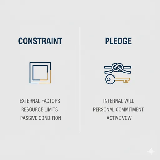 「制約」と「誓約」を、外部（CONSTRAINT）と内部（PLEDGE）という対比で英語解説したインフォグラフィック。
