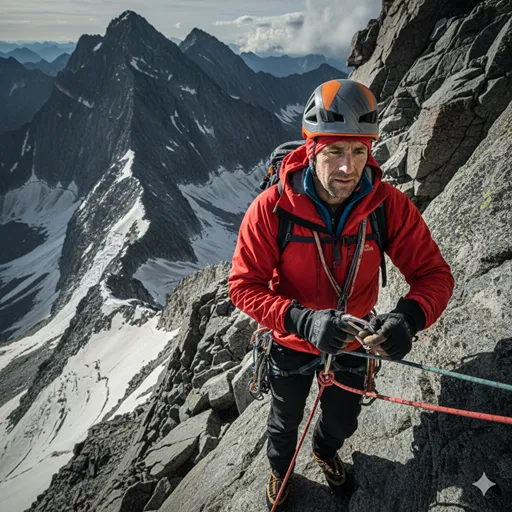 険しい山を登る登山家が、自分の装備を点検し、一歩一歩着実に足場を確認しながら上を目指す、堅実な自信の姿。