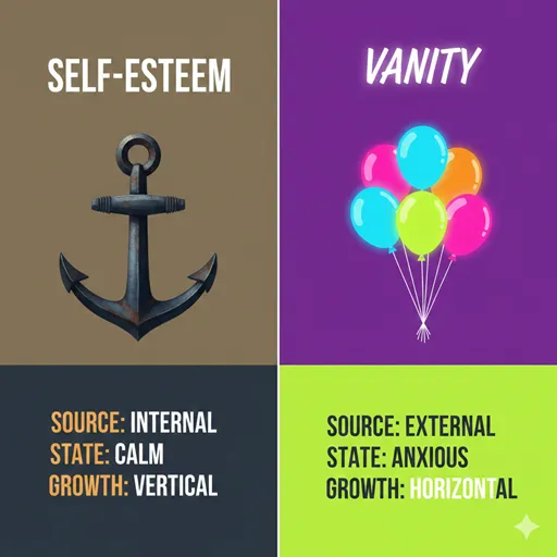 自尊心（SELF-ESTEEM / ANCHOR）と虚栄心（VANITY / BALLOON）を、評価の源（SOURCE）と状態（STATE）で比較した英語のインフォグラフィック。