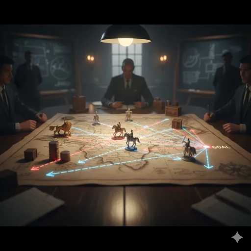 戦場を見下ろす高台で、将軍が地図上に軍隊の資源（駒）を配分し、矢印で攻撃経路を示している様子。競争優位と資源配分計画を象徴している