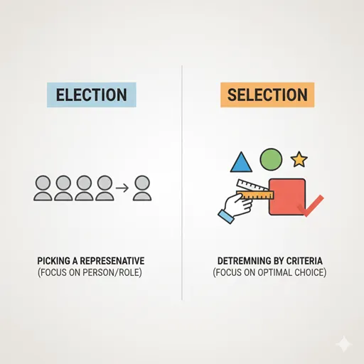 「選出」と「選定」の違いを「対象（Target）」や「目的（Purpose）」などで比較したインフォグラフィック