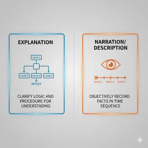 「説明」と「叙述」の違いを「機能（Function）」や「目的（Objective）」などで比較したインフォグラフィック