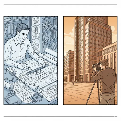 「説明」を、建物の設計図と計算尺を使って構造を分析している建築家として、「叙述」を、完成した建物の外観と、その前に佇む人物の様子を写真で記録している写真家として表現したイラスト