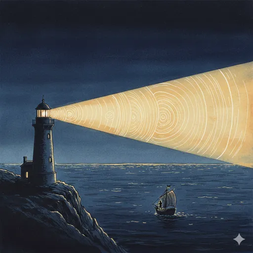 暗い海の上を照らす灯台の強い光。その光が進むべき方向を示している様子。永続的な指針と存在意義を象徴している