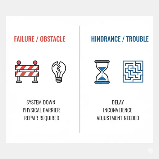 「障害」と「支障」を、遮断（FAILURE）と停滞（HINDRANCE）という観点で英語比較したインフォグラフィック。
