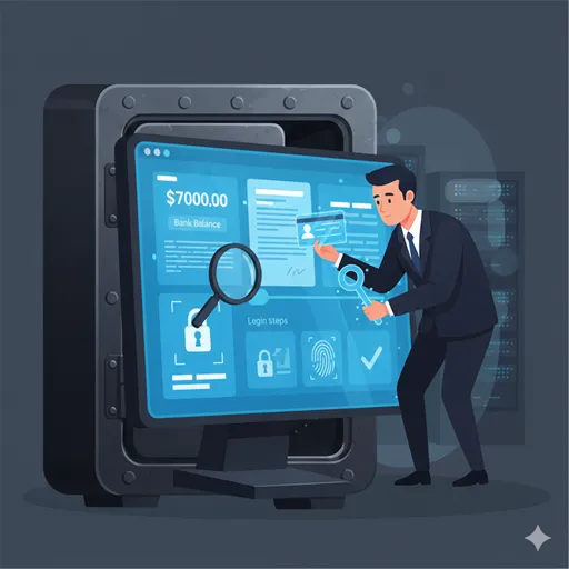 パスワード入力画面や認証デバイスを通じて、銀行の口座残高や取引履歴といった「既存の個人情報」を確実な手続きを経て確認している様子。事実の精査と権限的な確認を象徴している