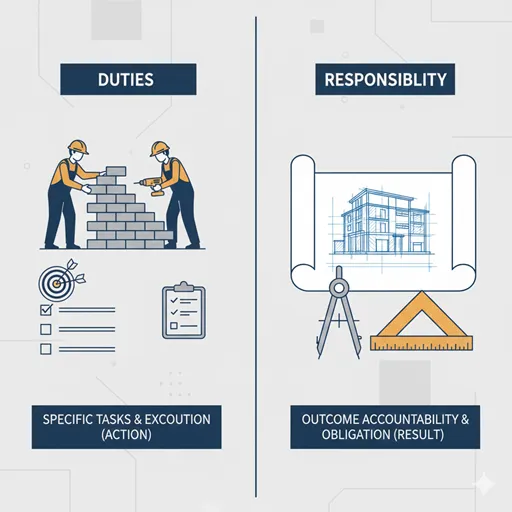 「職務」を、建設現場で具体的に材料を運び、壁を塗る作業員（行動）として、「職責」を、建設の最終的な青写真（設計図）とコンパス（結果への方向付けと責任）として対比させたイラスト