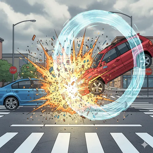 二台の車が交差点で一瞬にしてぶつかり合い、衝撃と破片が飛び散っているが、その瞬間で終わりを迎えている様子