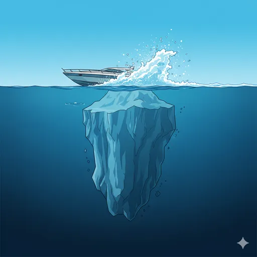 「衝突」を水面で瞬間的に砕け散る波として、「対立」を水面下に沈み、船の航行を妨げる巨大な氷山(構造的矛盾)として表現したイラスト