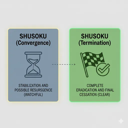 「収束」と「終息」の違いを「完全性(Completeness)」や「再発の可能性(Resurgence Risk)」などで比較したインフォグラフィック