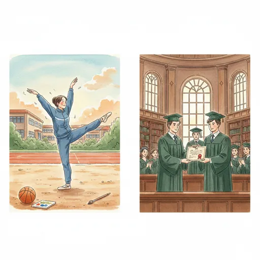 「習得」を、スポーツ選手が繰り返し練習して技を体得している様子として、「修得」を、卒業証書を受け取り体系的な学習課程を完了している様子として対比させたイラスト