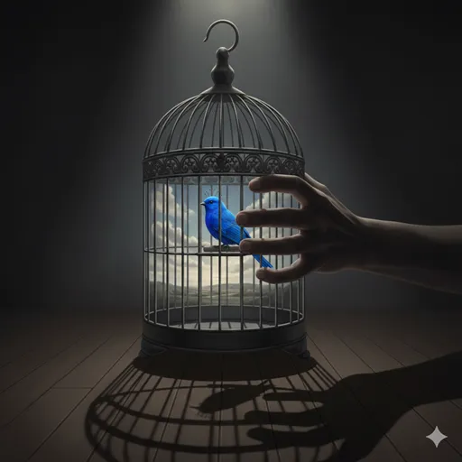 鳥かごの中に閉じ込められた青い鳥と、その外側からかごを強く握りしめる人の手。執着による支配を象徴するイメージ。