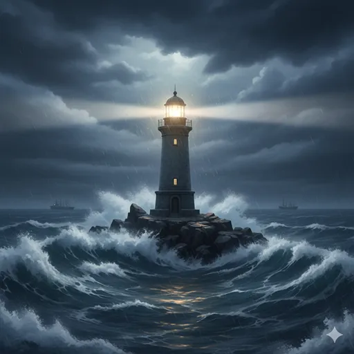 荒れ狂う嵐の夜、荒波にさらされても一歩も引かず、ただ自分の役割を果たすために光を放ち続ける灯台。