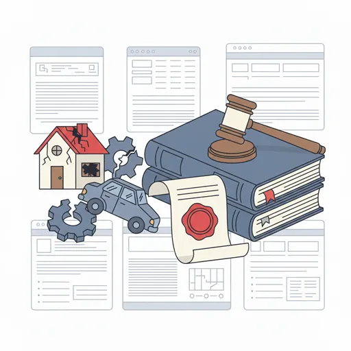 壊れた物体とその横に置かれた法律文書（契約書や訴状）。法的な責任と賠償請求の根拠となる被害の実態を象徴している
