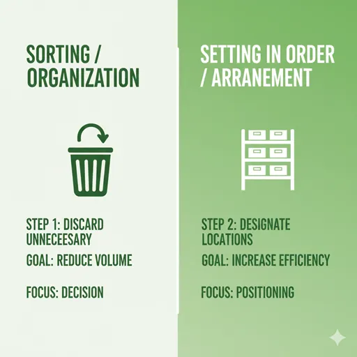 整理（SORTING）と整頓（SETTING IN ORDER）を、ステップ（STEP）と目的（GOAL）の軸で比較した英語のインフォグラフィック。