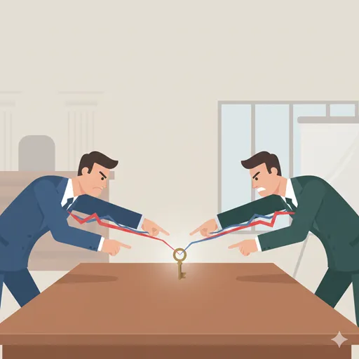 裁判の場面で、二人の対立する人物が、核心的な証拠（争点）を巡って強く主張し合っている様子を表すイラスト