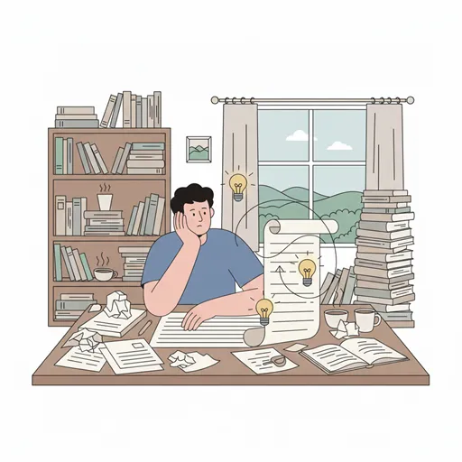 人がデスクに座り、多くの書き損じの紙に囲まれながら、ペンを持ち、原稿を熟考し、内容や表現を深めて練り直している様子
