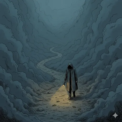 少ない情報（霧に包まれた道）の中で、自分の経験と直感（懐中電灯）だけを頼りに進む方向を決めている人物のイラスト