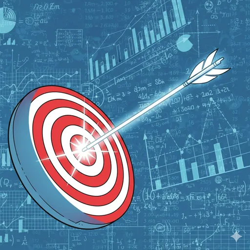 複雑な数式と統計的なデータモデル（ロジック）を基に、正確な未来のターゲット（的）を射抜いているダーツのイラスト