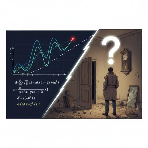 「推定」をグラフと計算機による精密な数値予測として、「推測」を頭の上に疑問符を浮かべながら状況を観察する人物として対比させたイラスト