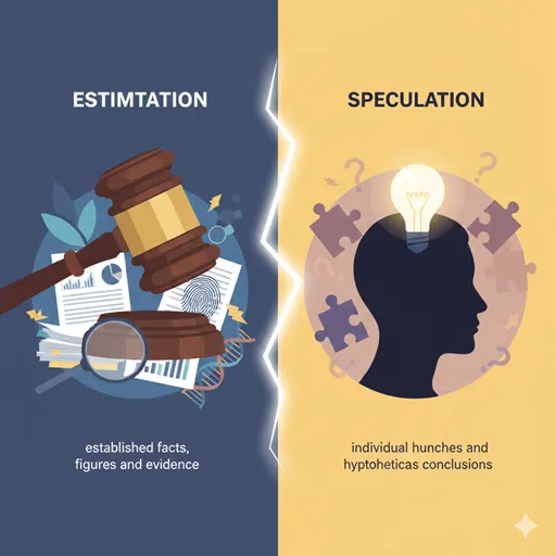 「推定」を、客観的な証拠を集め判断を下す裁判官の木槌として、「推測」を、まだ未熟で曖昧な情報を扱う、ひらめきだけを持つ人物の姿として表現したイラスト