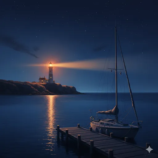 航海を終えた船が、灯台の明かりに導かれて静かな港に入っていく風景。高い目標(灯台)への「到達」と、安息の地(港)への「到着」。