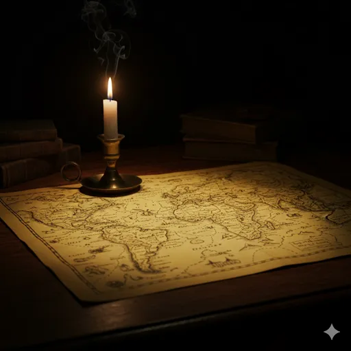 暗闇を照らす一本の蝋燭の火(可能性)と、その光の下で詳細に描かれた航海図(蓋然性)。