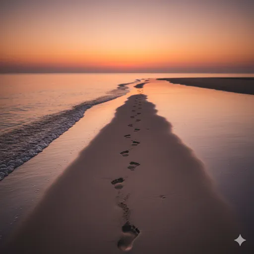 砂浜に続く足跡が、波打ち際で静かに終わっている風景。これまでの歩みと、たどり着いた静寂。