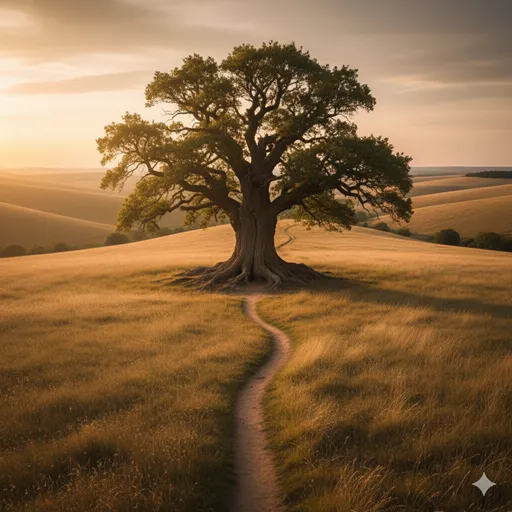 大地の中心にどっしりと根を張る巨木（基点）と、その根元から森の奥へと続いていく細い道（起点）。