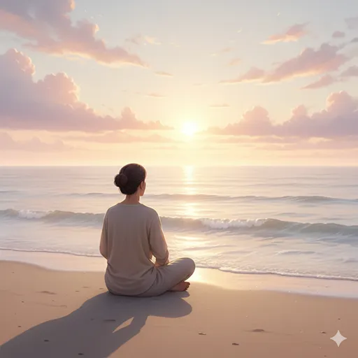 穏やかな夜明けの海辺で、飾り気のない姿で静かに自分自身と向き合い、深い安らぎを感じている人の後ろ姿。