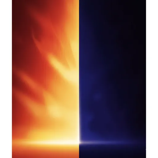 背景の灰色に対して、一方に赤色の強い光、もう一方に青色の強い影を配置し、色彩や明暗の極端な差異が表現上のインパクトを生み出しているイラスト