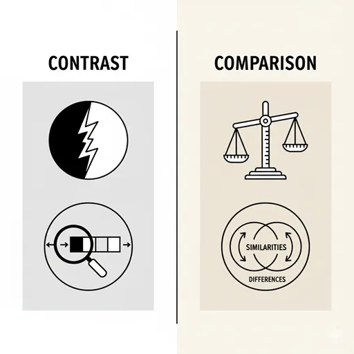 「対比」と「比較」の違いを「分析の焦点(Analysis Focus)」や「行為の目的(Goal of Act)」などで比較したインフォグラフィック