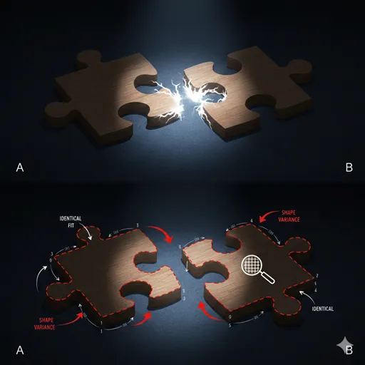 パズルのピースのような二つの図形があり、「対比」ではその間の決定的なギャップや不一致だけが強調され、「比較」ではそのピースの共通の適合部分(類似点)と異なるエッジ(相違点)の両方が検討されているイラスト