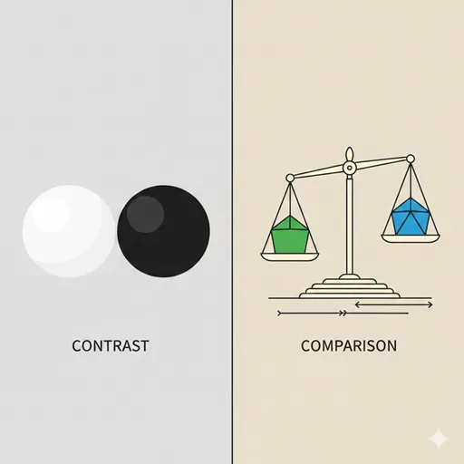 「対比」を白と黒の極端なコントラストとして、「比較」を共通の基準（天秤）に乗せて優劣や類似点を総合的に測る行為として対比させたイラスト