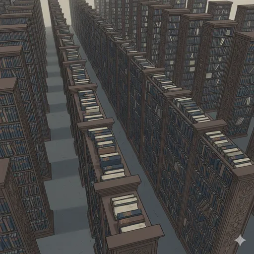 壁一面に広がる巨大な図書館の書架に、均一で厚い装丁の膨大な数の巻物や書物が並べられ、その網羅的な規模を強調するために虫眼鏡で全体を覗いている様子