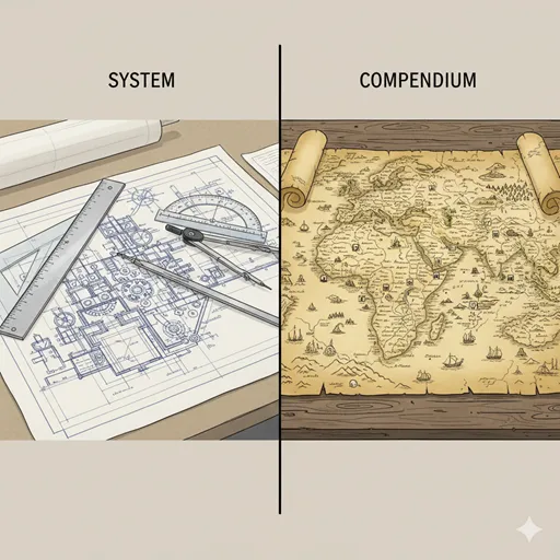 「体系」を、定規やコンパス、分度器などを用いて緻密に描かれた設計図(論理構造)として、「大系」を、広大で情報量の多い地図(網羅的な全体像)として対比させたイラスト