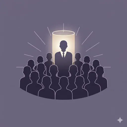 公の場で威厳をもって振る舞う人物の顔に、集団からの尊敬と期待の光が集まっているイラスト
