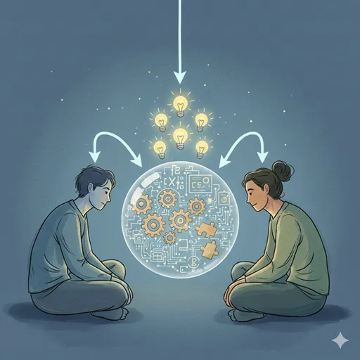 二人の人物が、中央にある課題や概念図に集中し、お互いの意見の矢印がその課題の周りで統合され、新しい光を生み出している様子。深い理解と創造的な結果を象徴している