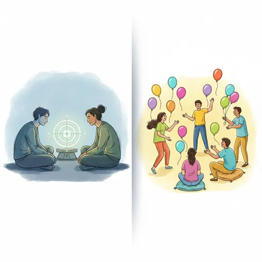 「対話」を、二人の人物がターゲット（目標）に向かって集中して向き合っている様子として、「会話」を、複数の人物がリラックスした雰囲気で多くの風船（雑多なテーマ）を交換している様子として対比させたイラスト