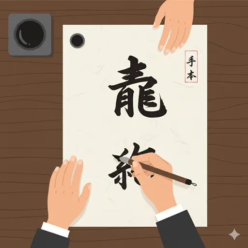 筆を持つ手が、お手本（手本）としてすでに完成している文字を、忠実に真似て次の文字を書こうとしている様子を表すイラスト