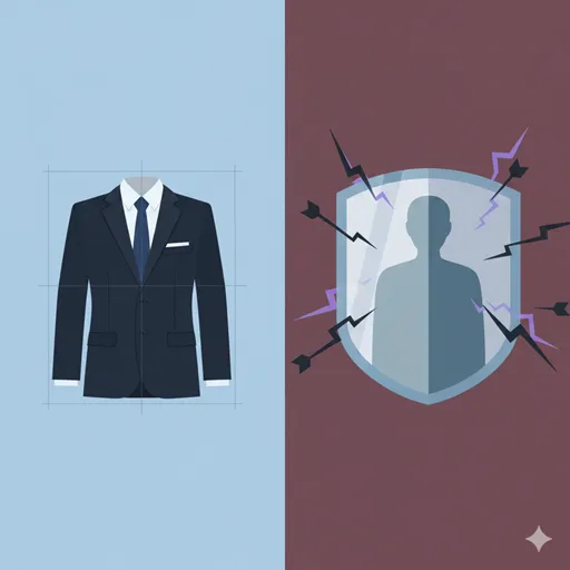 「体裁」を整った服装（スーツ）として、「体面」を批判や攻撃から守るための透明なバリアとして表現したイラスト