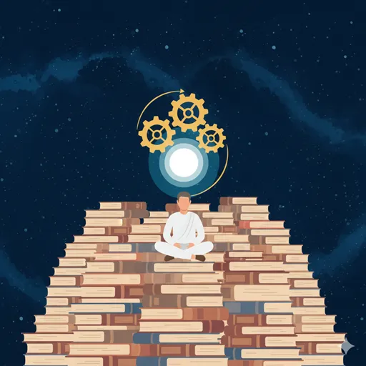 普遍的な真理（球体）を、論理的な推論（歯車）と体系的な知識（本）を用いて、静かに探求している様子を表すイラスト