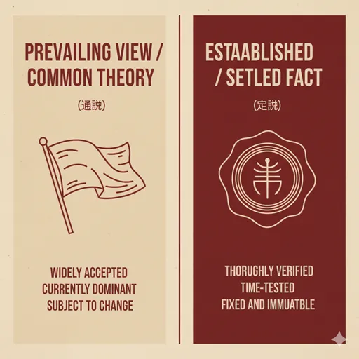 通説（PREVAILING）と定説（SETTLED）を、流動性（FLUIDITY）と証明（PROOF）の軸で比較した英語のインフォグラフィック。