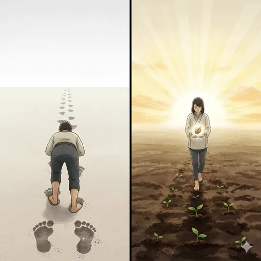 「踏襲」を、人物が古い砂の足跡を寸分違わず踏み続ける様子として、「継承」を、人物が古い足跡から離れ、受け取った種（本質）を新しい土壌（未来）に植え、成長させている様子として対比させたイラスト