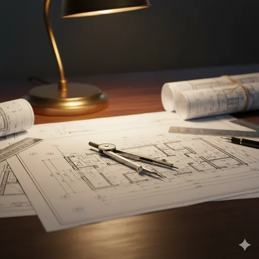 設計図の上で、正確な円を描くコンパス。計算され尽くした論理的な正しさと「妥当」な判断を象徴している。