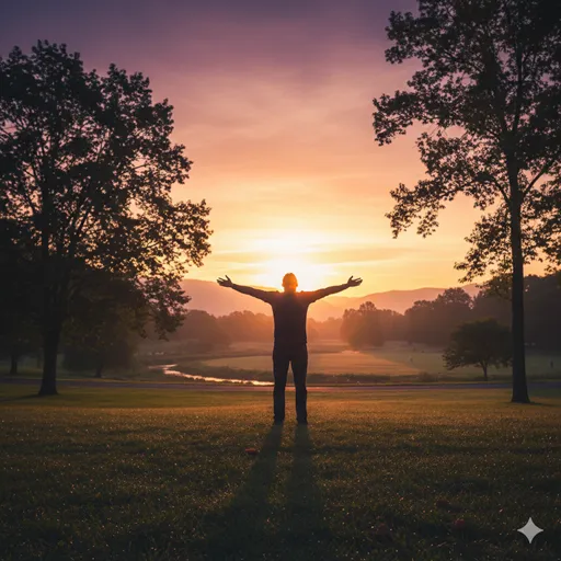 治療を乗り越え、澄み切った空気の中で深呼吸をして健康を喜ぶ人物のシルエット。
