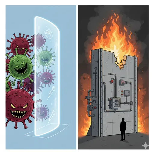 感染源（ウイルス）や危険要因（火花）に対し、ワクチン接種や安全バリアの設置といった物理的な対策を事前に講じ、事態の発生条件を排除している様子