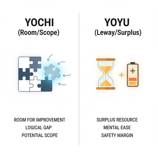 「余地」と「余裕」を、可能性の隙間とリソースの蓄えという観点で比較した英語のインフォグラフィック。