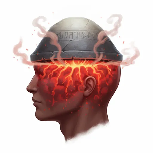 人間の頭部の断面図で、意識の領域は平穏だが、無意識の深部に赤いエネルギーの塊が重い蓋で閉じ込められ、蓋からわずかに圧力が漏れている様子