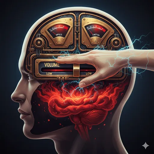 感情を制御するコントロールパネルのようなものが脳内にあり、理性の手が衝動を表すボリュームメーターを意識的に下げている様子